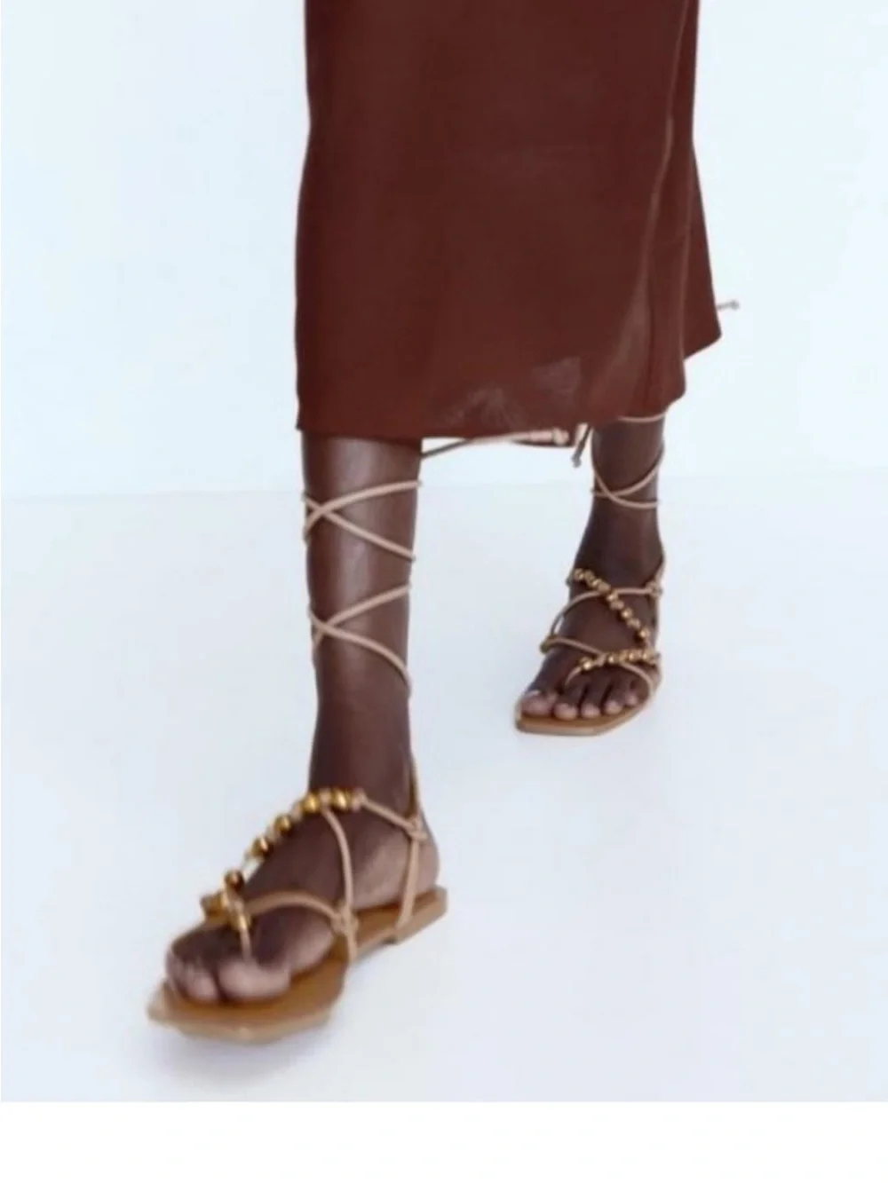NWT Zara Sand Beige Strappy Flat Sandals - Picture 2 of 11